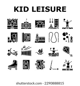 kid leisure child fun happy icons set vector. park play, children girl, childhood people, boy little, joy, playground game, summer kid leisure child fun happy glyph pictogram Illustrations