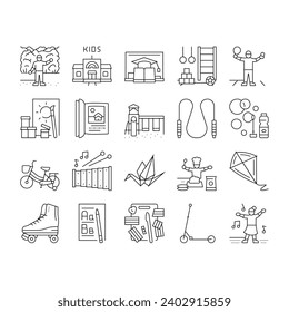 kid leisure child fun happy icons set vector. park play, children girl, childhood people, boy little, joy, playground game, summer kid leisure child fun happy black contour illustrations