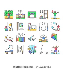 kid leisure child fun happy icons set vector. park play, children girl, childhood people, boy little, joy, playground game, summer kid leisure child fun happy color line illustrations