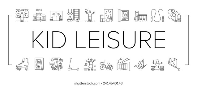 kid leisure child fun happy icons set vector. park play, children girl, childhood people, boy little, joy, playground game, summer kid leisure child fun happy black line illustrations