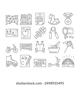 kid leisure child happy fun icons set vector. play childhood, children girl, summer boy, game joy, park group party kid leisure child happy fun black contour illustrations