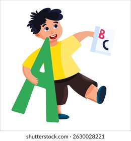 Niño con la letra A. Regreso a la escuela. Vector aislado