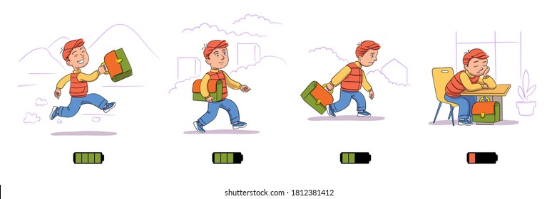 Kid and life energy battery concept. Boy loses energy charge during day. Happy schoolboy holding backpack goes to school. Tired child sleeping in class, sitting at desk. Vector character illustration