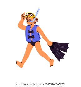 Kid in life jacket carries flippers. Happy boy in diving mask goes, holds in hand fins. Child with swimfin for deep swim in sea. Summer activity. Flat isolated vector illustration on white background