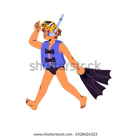 Kid in life jacket carries flippers. Happy boy in diving mask goes, holds in hand fins. Child with swimfin for deep swim in sea. Summer activity. Flat isolated vector illustration on white background