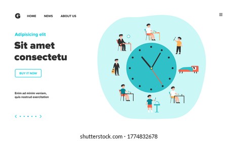 Kid life schedule flat vector illustration. Cartoon schedule including breakfast, eating, school, hobby, sleeping. Health activity and daily routine concept