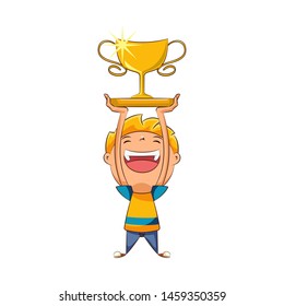 Kid lifting trophy, happy cute child