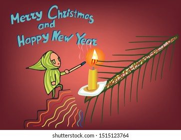 Kid lights a fire on a fir branch. For the holiday Christmas and New Year. In color