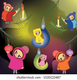 Kid lights a fire on a fir branch. The kid sits on a New Year's glass decor. Toddler with a Christmas toy. For the holiday Christmas and New Year