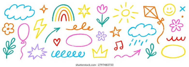 Kid line crayon cute set. Hand drawn kid line icon flower heart star pastel pencil sketch. Children rainbow cloud play smile kindergarten fun crayon background. Vector illustration