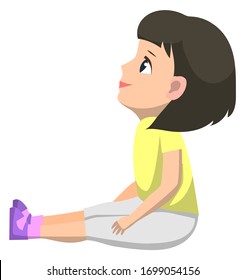 Kid listening attentively vector, isolated child wearing shorts and blouse. Brunette female character looking aside, kindergarten education of kiddie