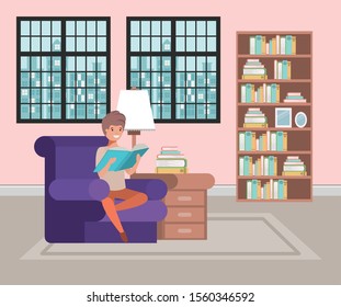 Kid in living room design, Home decoration interior house comfortable and apartment theme Vector illustration