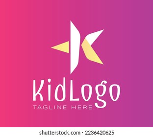 Kid logo design with star icon. Initial letter K logo inspiration. Child love, child care, protect children concept. Baby shop maternity store children's toys store kids fashion kids channel symbols.
