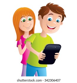 Kid Looking At A Digital Tablet with Girl Looking On