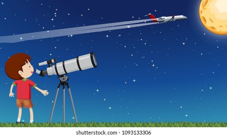 A Kid Looking at the Moon with Telescope illustration