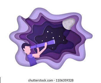 Kid is looking the stars with telescope. Universe discovery vector concept in paper art style. Origami paper cut design.  