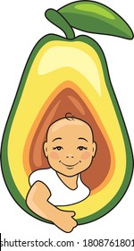 The kid looks out from the avocado. Design for baby food. Vector