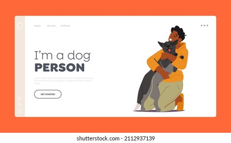 Kid Love Dog Landing Page Template. Tenderness to Animal, Teenager Kid Hug and Caress Funny Doggy, Teen Happy Child Character Cuddle with Pet, Boy Play with Puppy. Cartoon People Vector Illustration