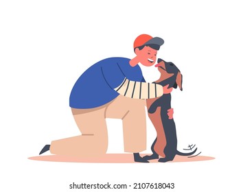 Kid Love Dog, Tenderness to Animals Concept, Preteen Kid Hug and Caress Funny Dachshund, Little Child Character Cuddle with Pet, Boy Play with Cute Puppy. Cartoon People Vector Illustration