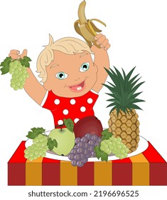 The kid loves fruits very much, especially bananas, grapes, apples and pineapples