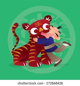 Kid loves playing with Chinese zodiac animal - Tiger 
Translation of background Chinese character: The Year of the Tiger