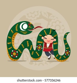 Kid loves playing with Chinese zodiac animal - Snake
Translation of background Chinese character: The Year of the Snake