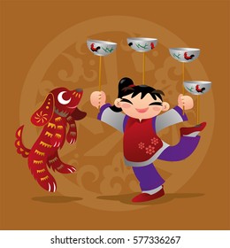 Kid loves playing with Chinese zodiac animal - Dog 
Translation of background Chinese character: The Year of the Dog