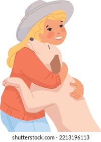 Kid with loving pet. Dog hugging with girl. Best friends isolated on white background