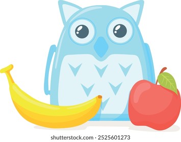 Kid lunch box in cute owl shape. School food isolated on white background