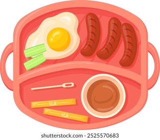 Kid lunch food tray. Cafeteria meal top view isolated on white background