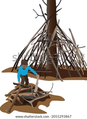 Kid made a teepee tent with branches and woods in summer camp. Education and learning in the wild for children. Transparant background isolated