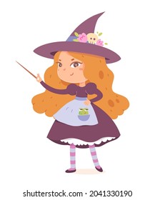 Kid magician character in Halloween party vector illustration. Cartoon cute girl in magic costume and hat holding stick, little happy wizard, spooky children Halloween holiday design isolated on white background
