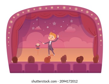 Kid magician and magic circus show vector illustration. Cartoon boy wizard illusionist conjuring tricks with rabbit bunny in hat cylinder, holding wand in hand to conjure on circus stage with curtain