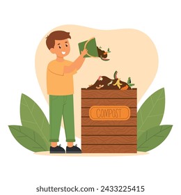 Kid make compost, throw  food leftovers to compost bin. Child sorting organic garbage. Vector illustrations in flat style