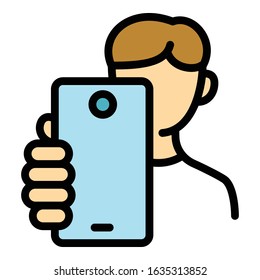 Kid make selfie icon. Outline kid make selfie vector icon for web design isolated on white background