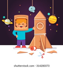 Kid making cardboard box rocket and astronaut costume helmet. Boy playing space exploration. Vector flat style isolated cartoon illustration.