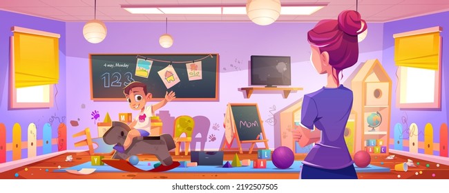 Kid Making Mess In Room, Mother Rear View Look On Naughty Hyperactive Child Playing. Little Boy Riding Wooden Horse At Home Interior With Scatter Toys And Painted Walls Cartoon Vector Illustration