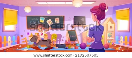 Kid making mess in room, mother rear view look on naughty hyperactive child playing. Little boy riding wooden horse at home interior with scatter toys and painted walls Cartoon vector illustration