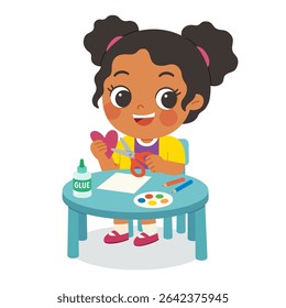 Kid making paper craft with scissors and glue. Child cutting paper heart in art Class activity. Preschool girl enjoying arts and crafts at desk. Kids Creativity,  Education Concept.