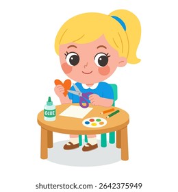 Kid making paper craft with scissors and glue. Child cutting paper heart in art Class activity. Preschool girl enjoying arts and crafts at desk. Kids Creativity,  Education Concept.