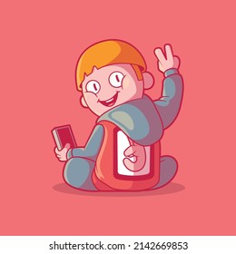 Kid making the peace sign vector illustration. Funny, technology, imagination design concept.