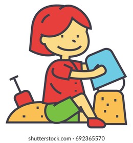 Kid making sand castle at seacoast beach concept. Line vector icon. Editable stroke. Flat linear illustration isolated on white background