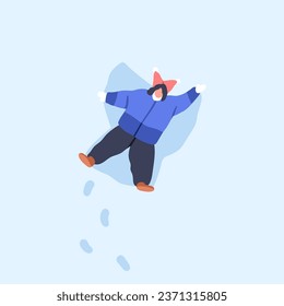 Kid making snow angel, lying in snowdrift, top view. Child with snowy wings, winter holiday fun. Funny outdoor leisure activity in wintertime vacation. Happy boy entertain. Flat vector illustration