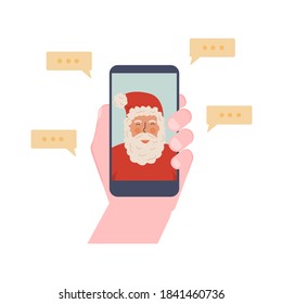 Niño haciendo videollamadas con Santa Claus. Mano sosteniendo un smartphone. Santa llamando a la pantalla del dispositivo, Navidad chateando en línea usando la aplicación móvil durante el bloqueo de pandemia en las vacaciones de invierno. Ilustración vectorial.