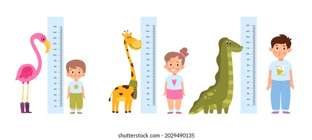 Kid measure height. Different growth and ages children stand near wall-mounted growth meters with funny cute animals decor. Pink flamingo giraffe and dinosaur. Vector cartoon concept