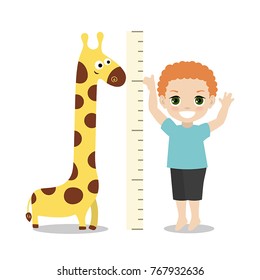 Kid measures the growth. Boy is measuring his height.