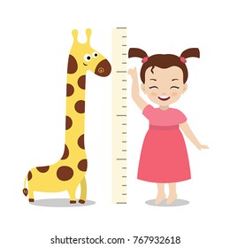 Kid Measures The Growth. Girl Is Measuring His Height.