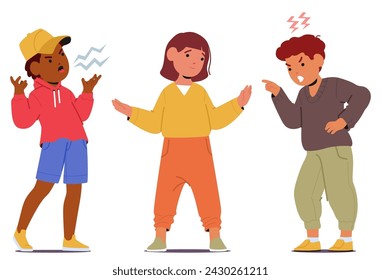 Kid Mediator Bridges Gaps, Fostering Understanding Among Conflicting Friends. Patiently Navigating Differences, Promote Harmony, Nurturing A Positive Environment For Friendship To Thrive, Vector Scene