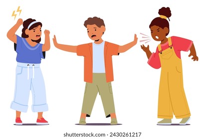 Kid Mediator Stand Between Fighting Friends, Guide Discussion, Fostering Compromise And Understanding For Harmonious Resolution. Boy Character Prevent Conflict. Cartoon People Vector Illustration