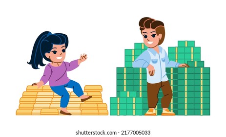 Kid Millionair Vector. Money Gold Cash Boy Girl, Rich Child, Boss Bonus Kid Millionair Character. People Flat Cartoon Illustration